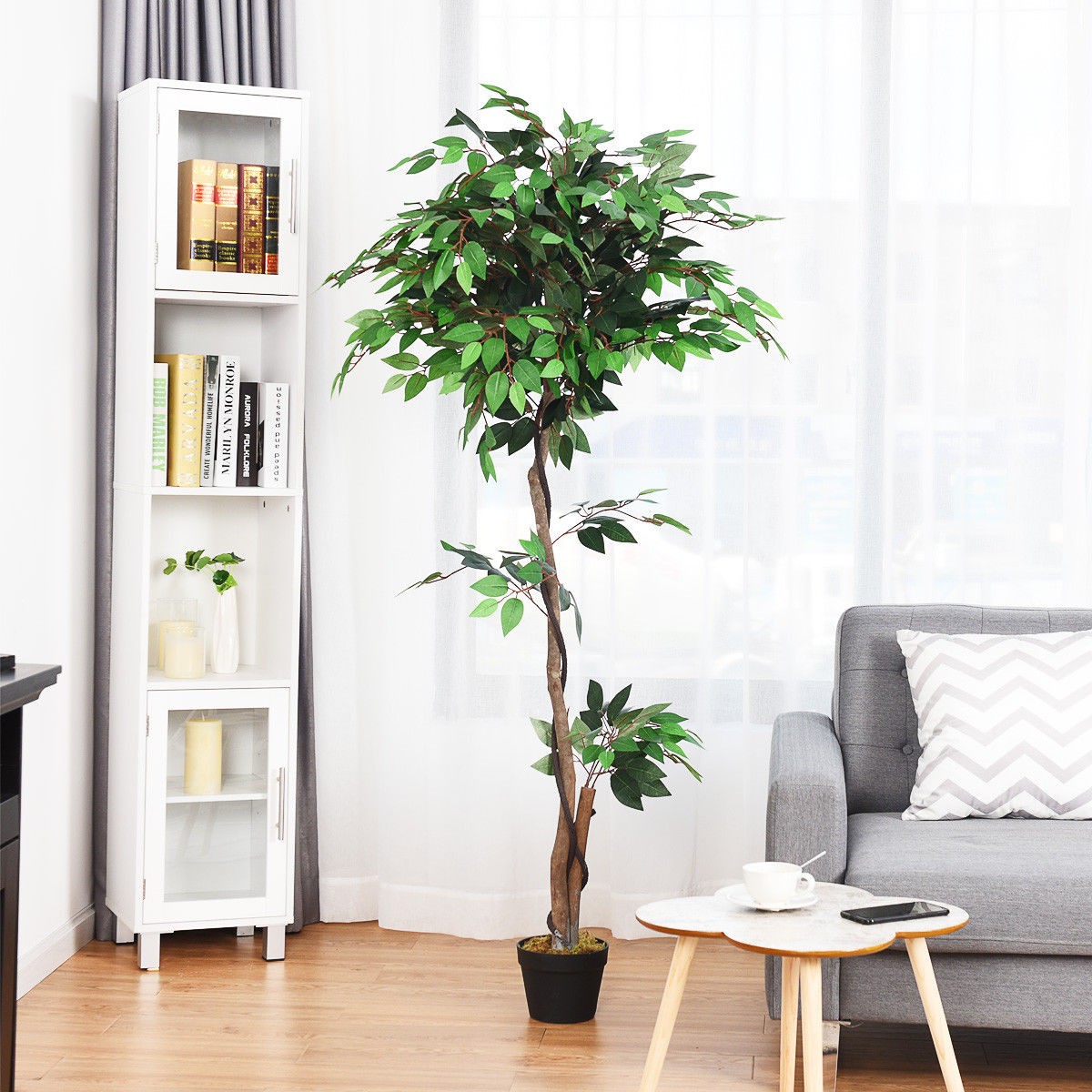 5.5-Feet Artificial Ficus Silk Tree Wood Trunks Green In/Outdoor Home Décor