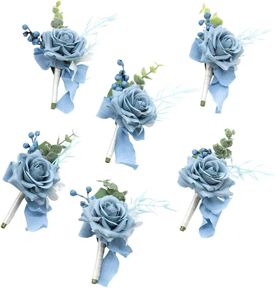 Dusty Blue Boutonniere for Men Set of 6 for Groom Best Man Groomsmen