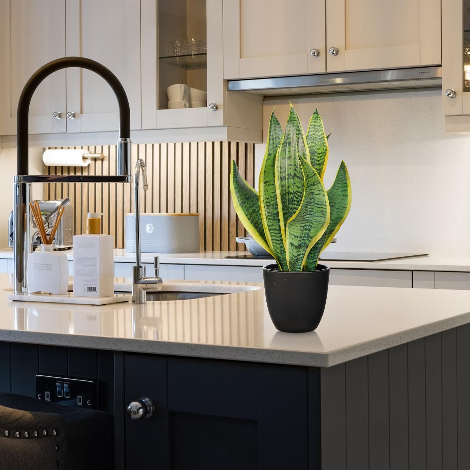 1 PCS 16 Inch Fake Snake Plant Artificial Sansevieria Faux Potted Black Pot