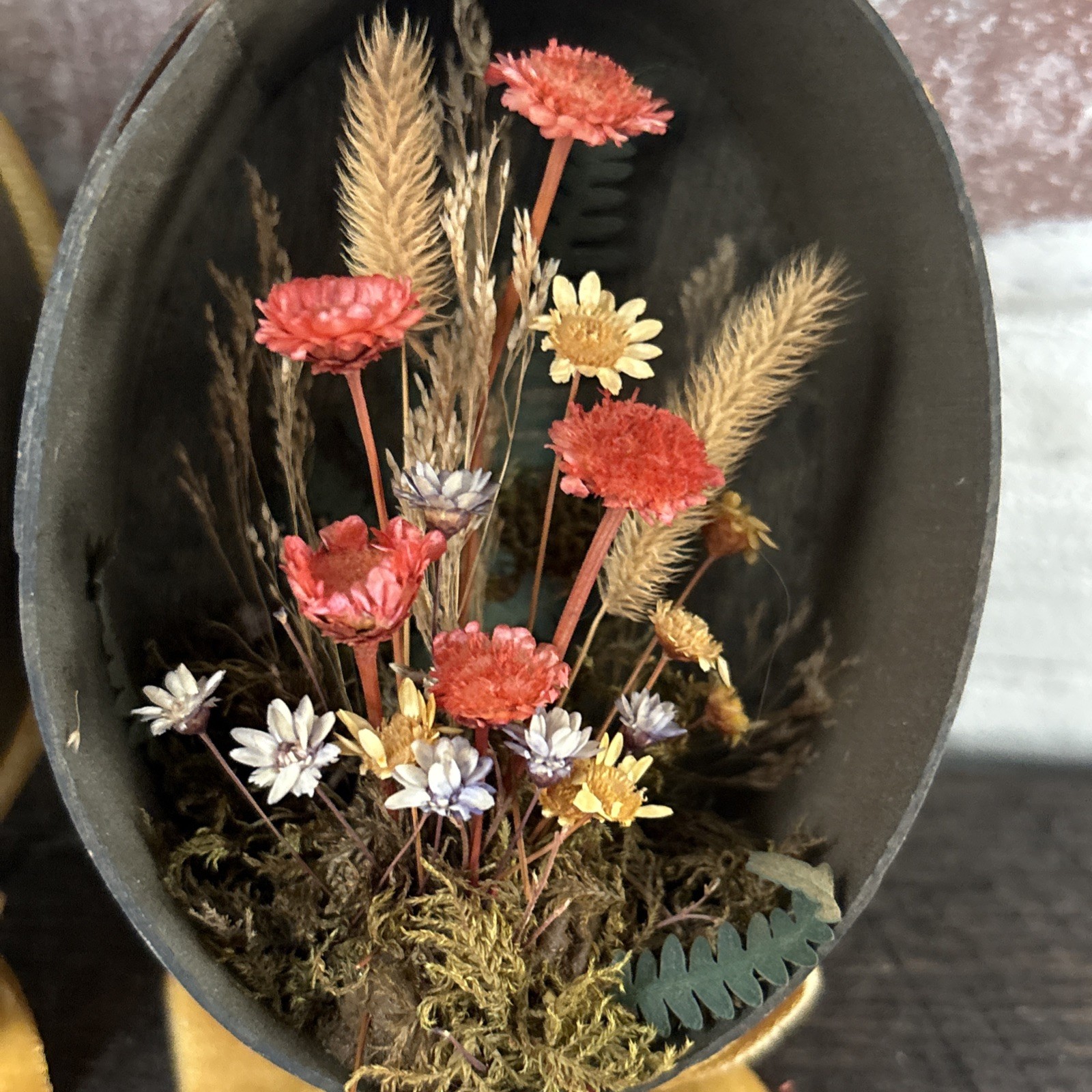 2 VTG Faux Dried Flower Style Arrangement Egg Shape Diorama Box Wall Hang MCM