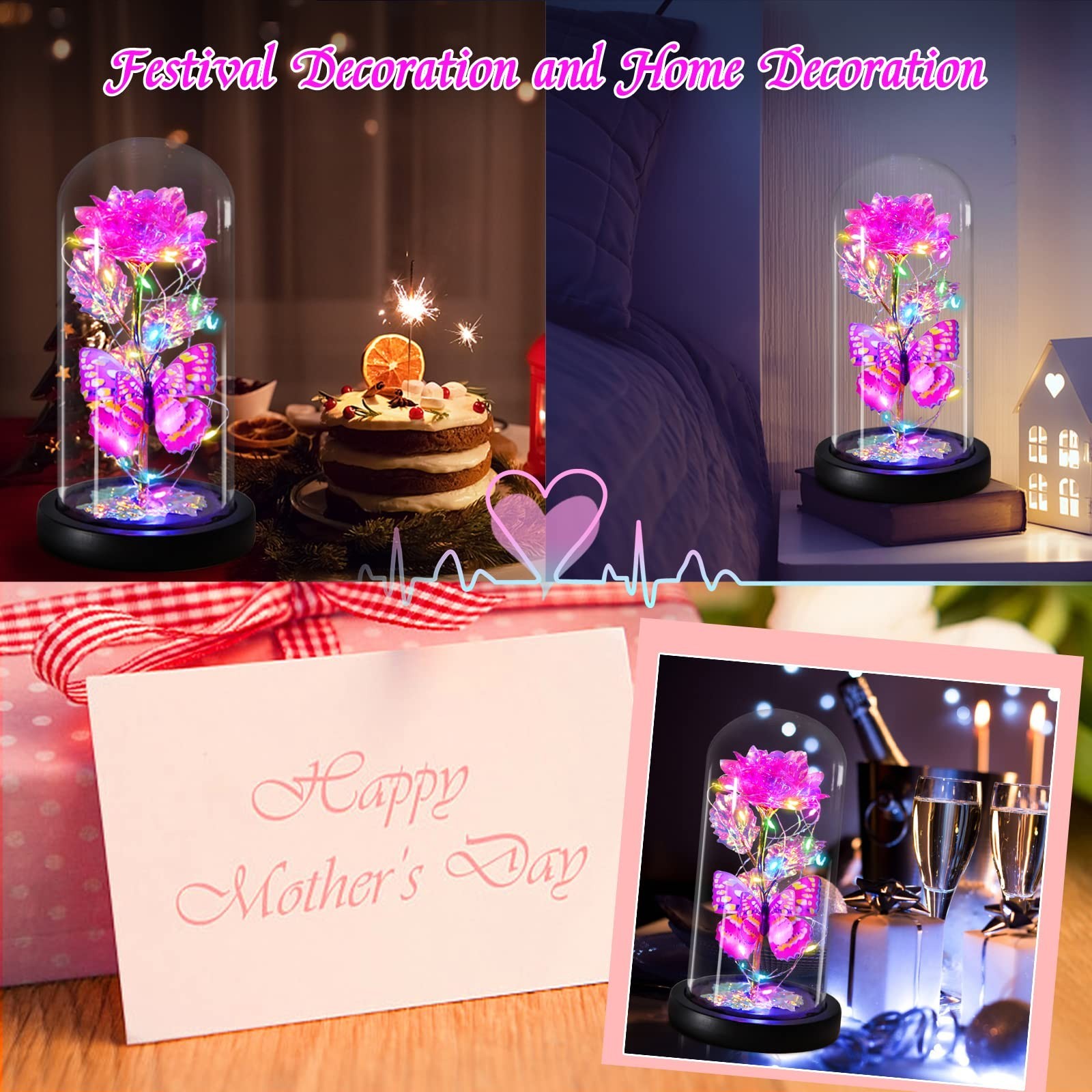 Light Up Pink Butterfly Rose in Glass Dome – Eternal Valentine’s Gift for Her