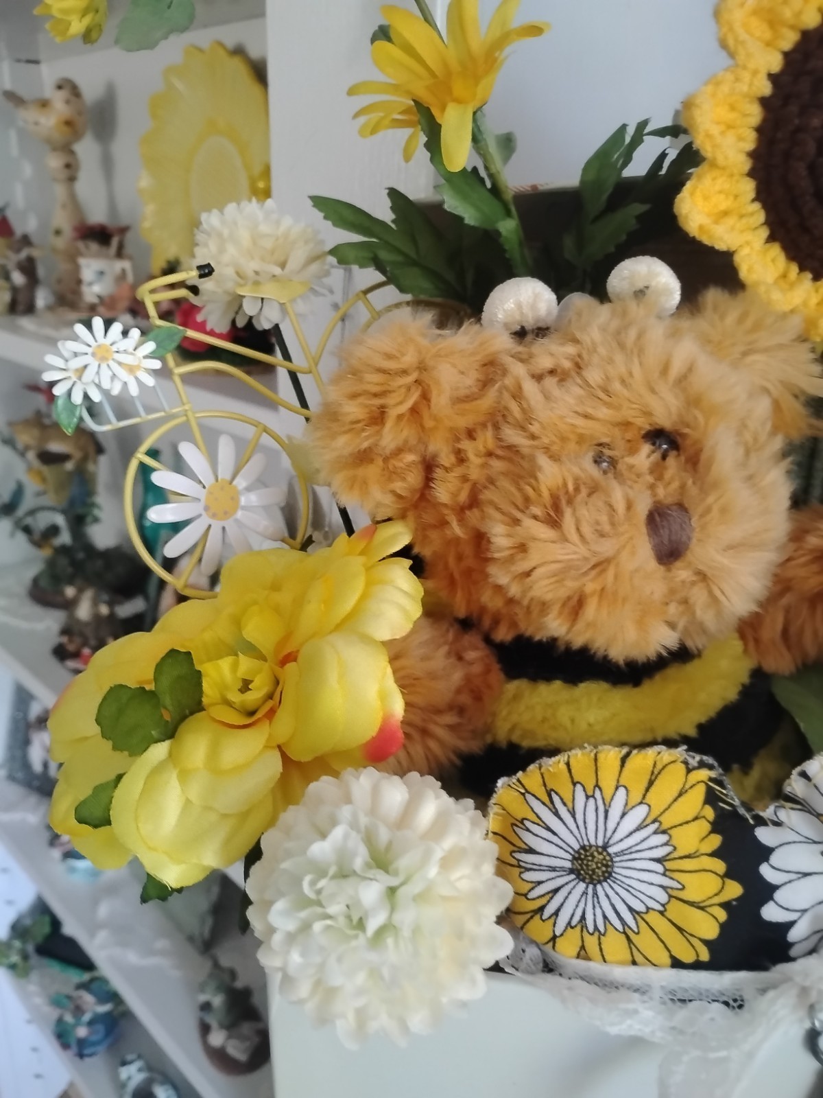 Handmade Sunflower & Bee Centerpiece In A Decorative Box With Floral And Greens,