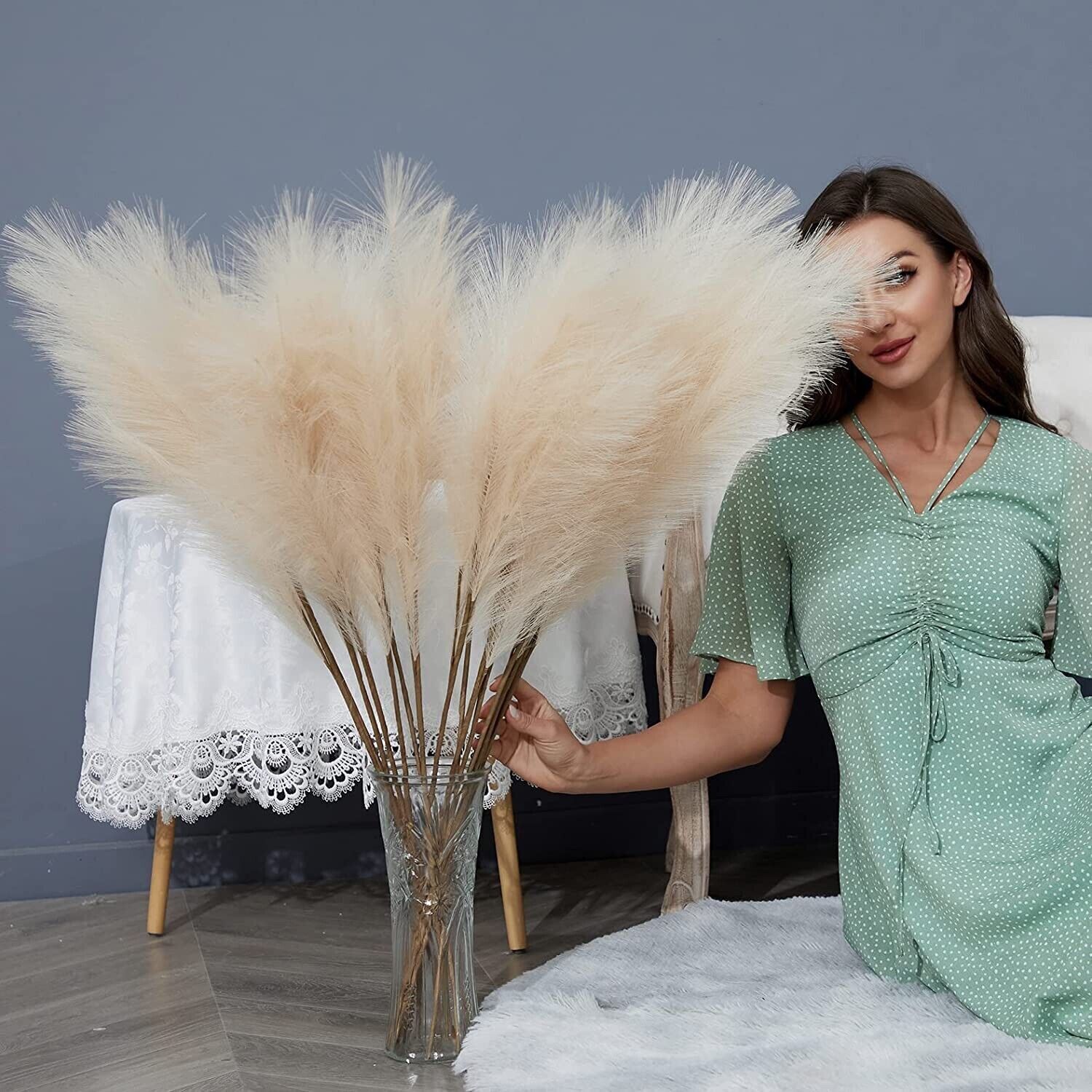 8 PCS Faux Pompous Grass Decor 38″/3.1′ Tall Fake Floral Large Bouquet – Biege