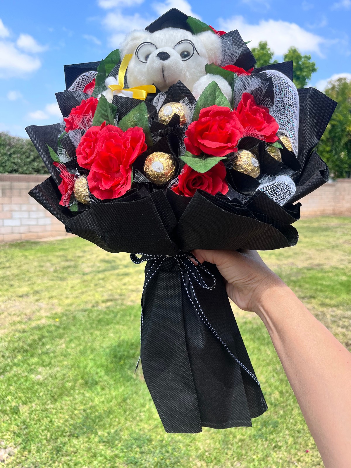 Graduation Bouquet with Teddy Bear, Ferrero Rocher & Red Roses