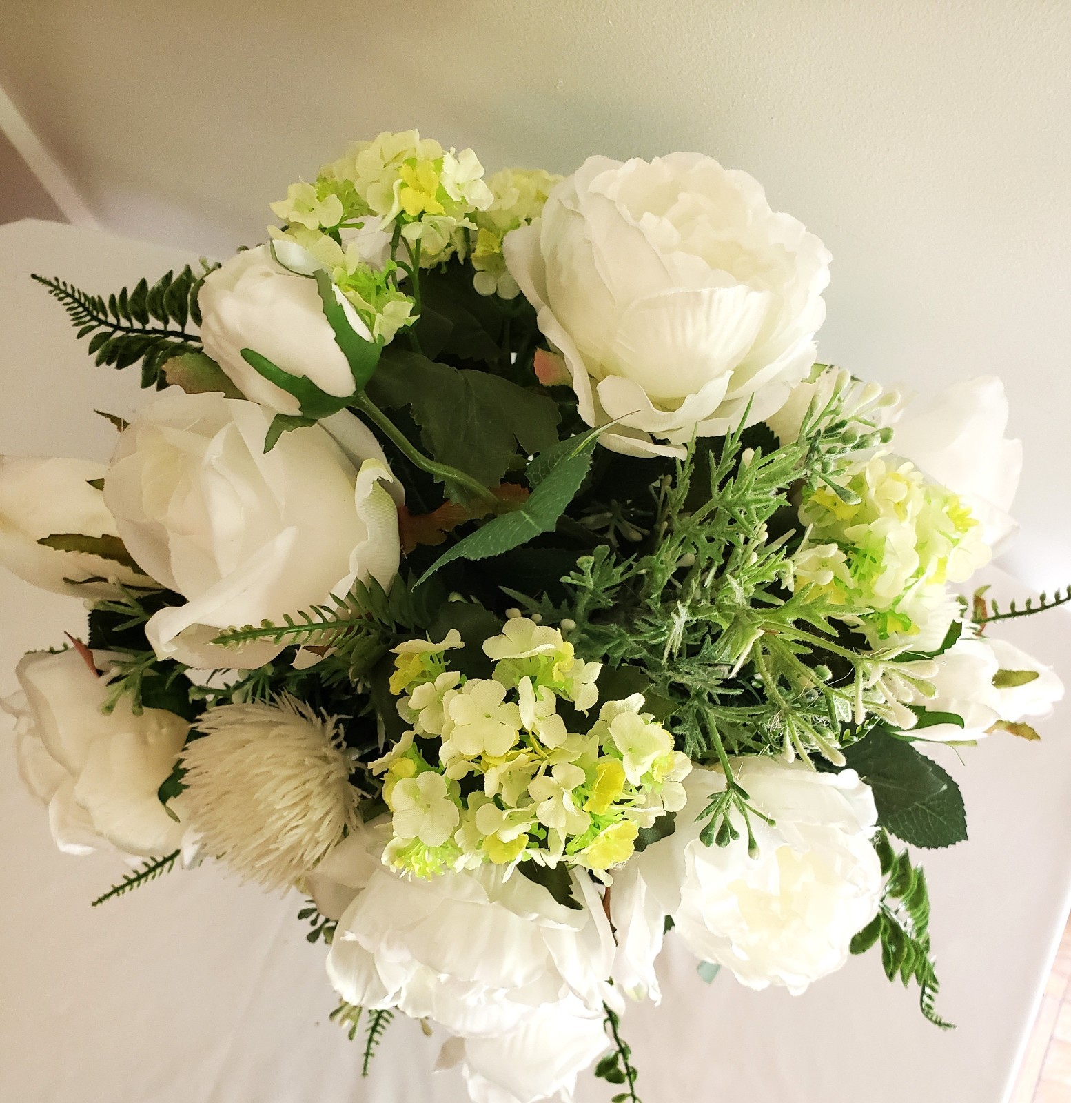 White Peony Rose Centerpiece, Neutral Floral Arrangement Faux Flower Table Decor