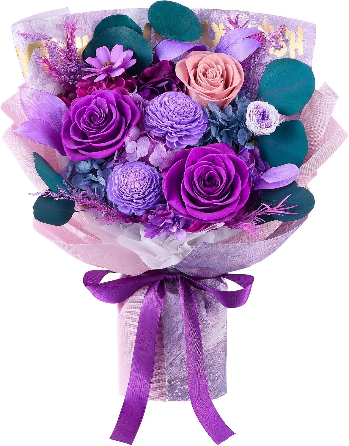 Preserved Roses and Purple Flowers Bouquet for Mother’s Day and Special Occasion