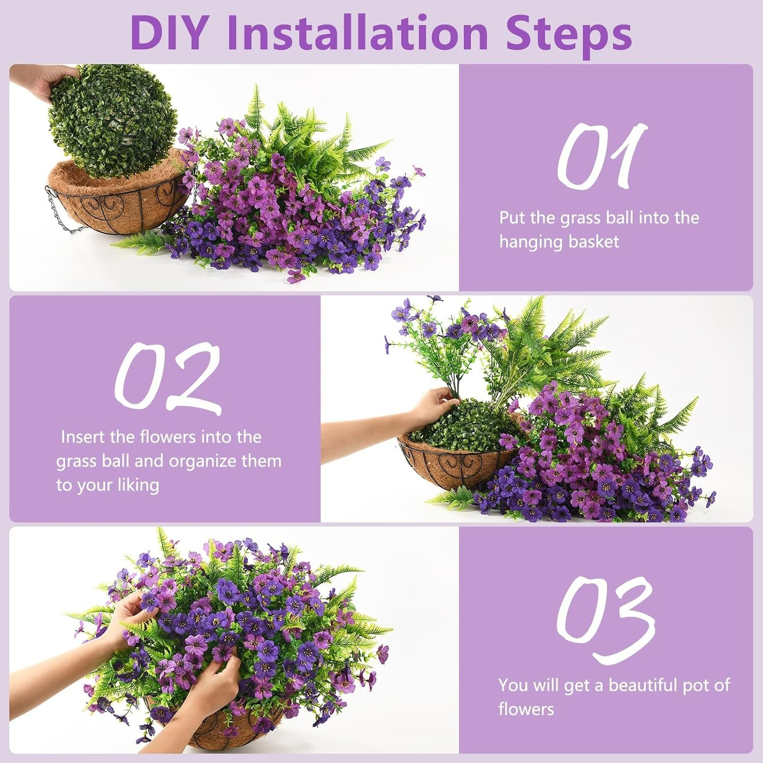Multicolor Artificial Flower Hanging Basket – 12 Bundles with Ferns, Easy Decor