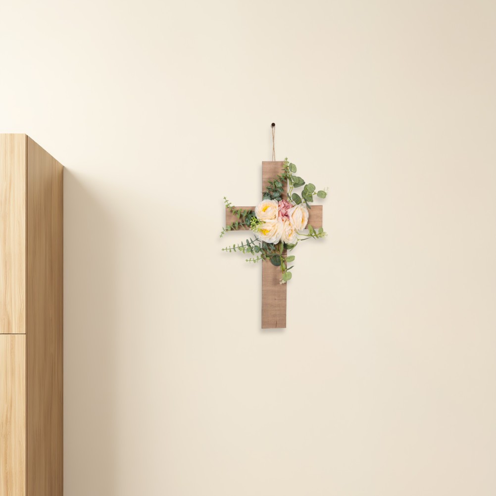 Decorative Wood Cross Wall Hanging with Beige Artificial Flowers Matte Finish