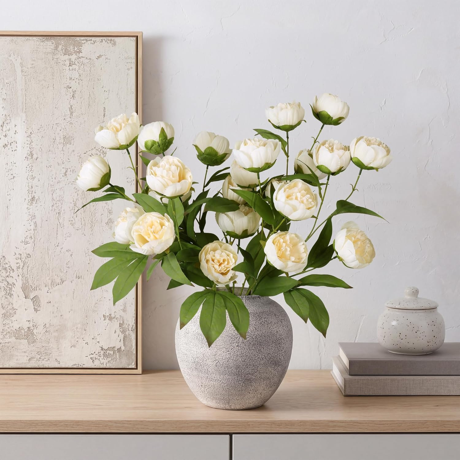 florisso 6 Pcs Peony Artificial Flowers for Vase 27″ – Fake Stems (Beige) | Bulk