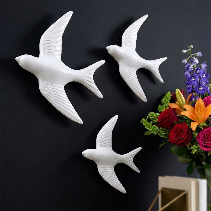 Pack of 3 White Bird Wall Set with 3 Mixed Size Birds for Indoor Wall Use