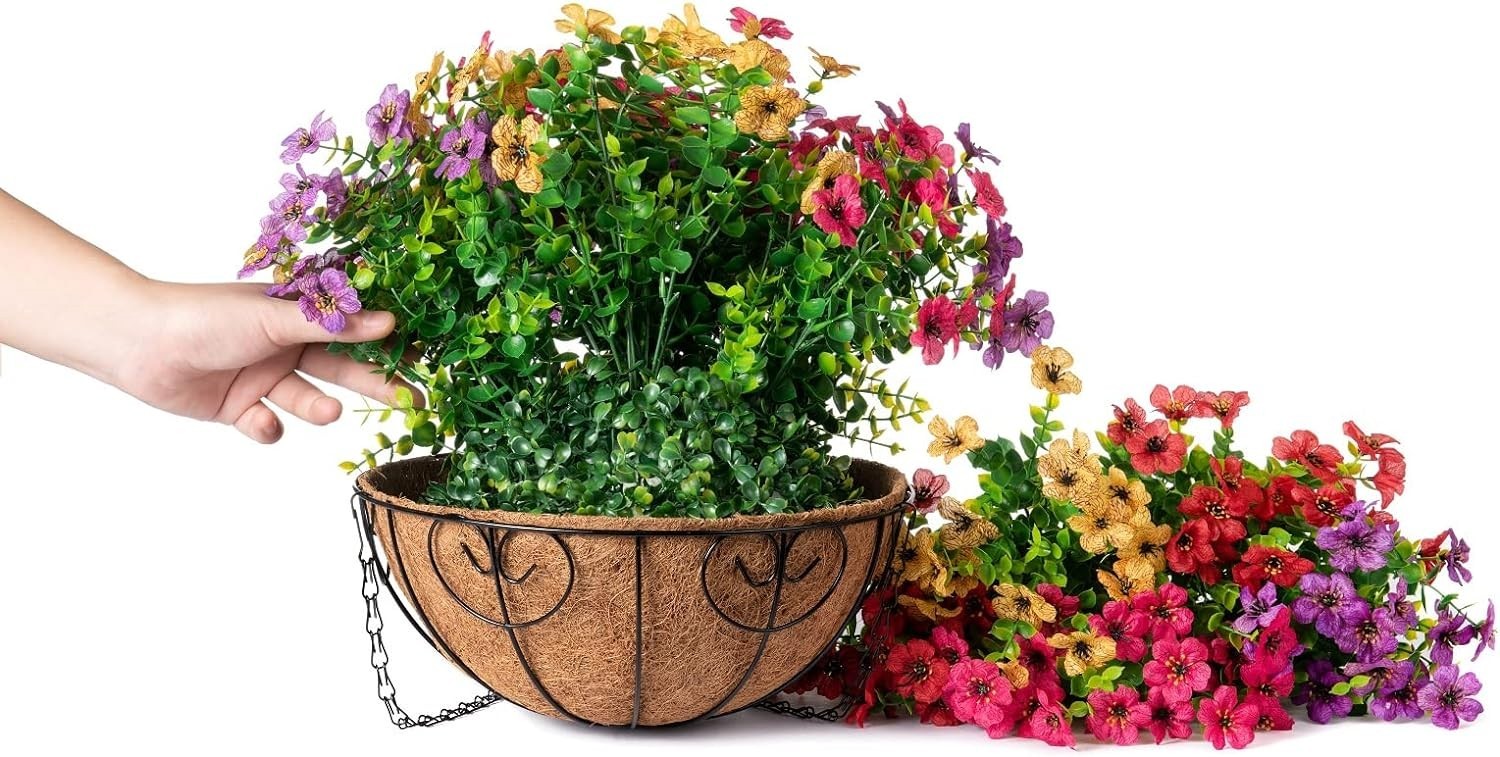 Elegant Faux Hanging Flower Basket with UV Resistant Daisies & Eucalyptus