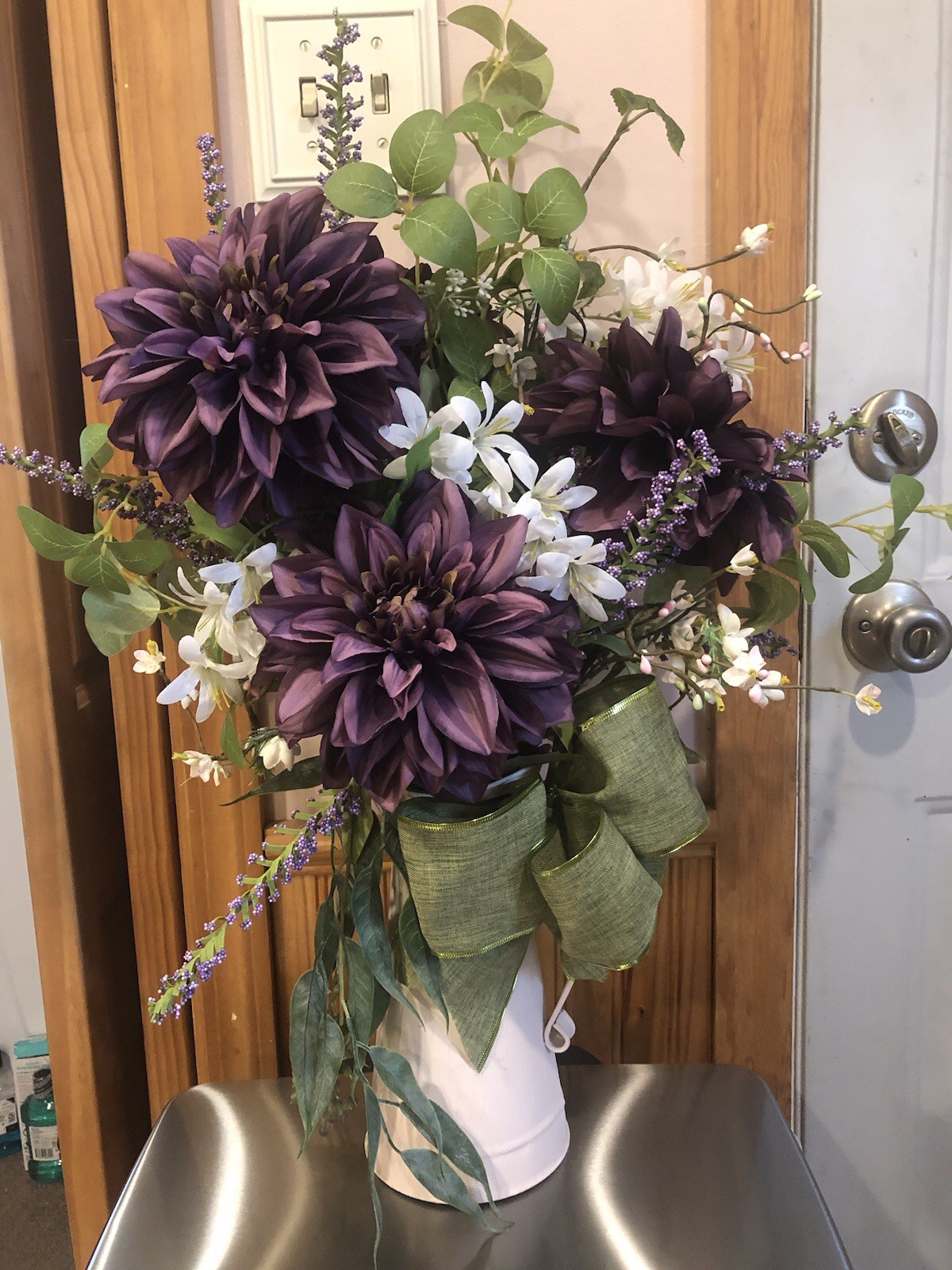 Floral Centerpiece/Side Table Decor, 26” Tall By 18” W Maroon Purple,Grn, White
