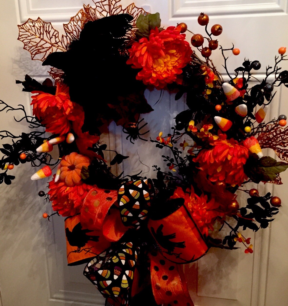 Halloween Spooky Wreath With A Black Evil Crow And Creepy Black Spiders