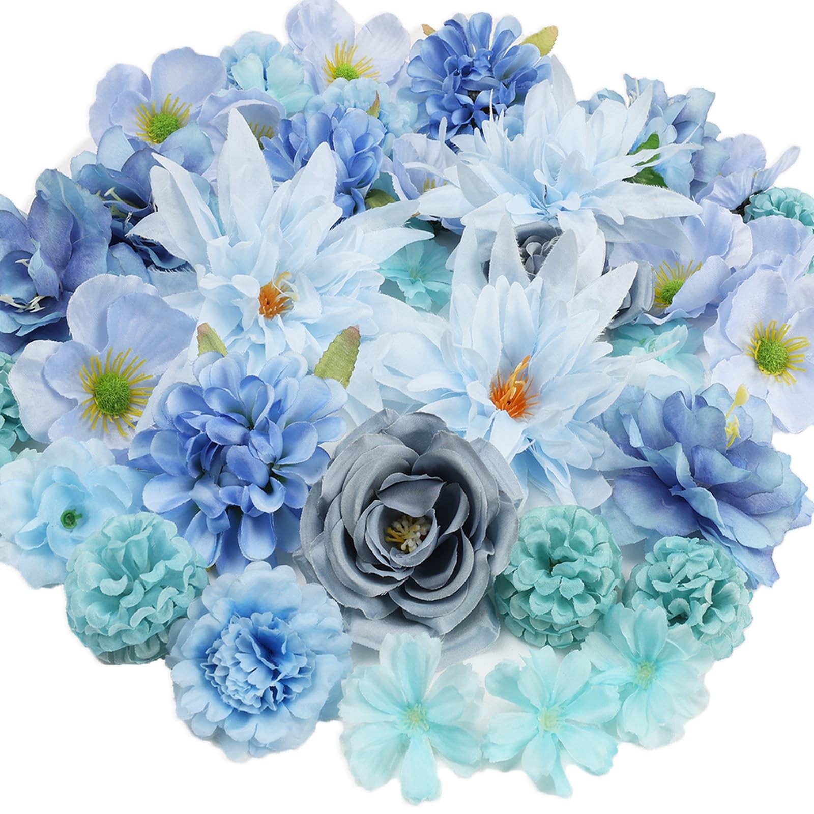 56 PCS Faux Flower Heads Combo Blue Silk Flowers Mix Peony Rose Hydrangea Fak…