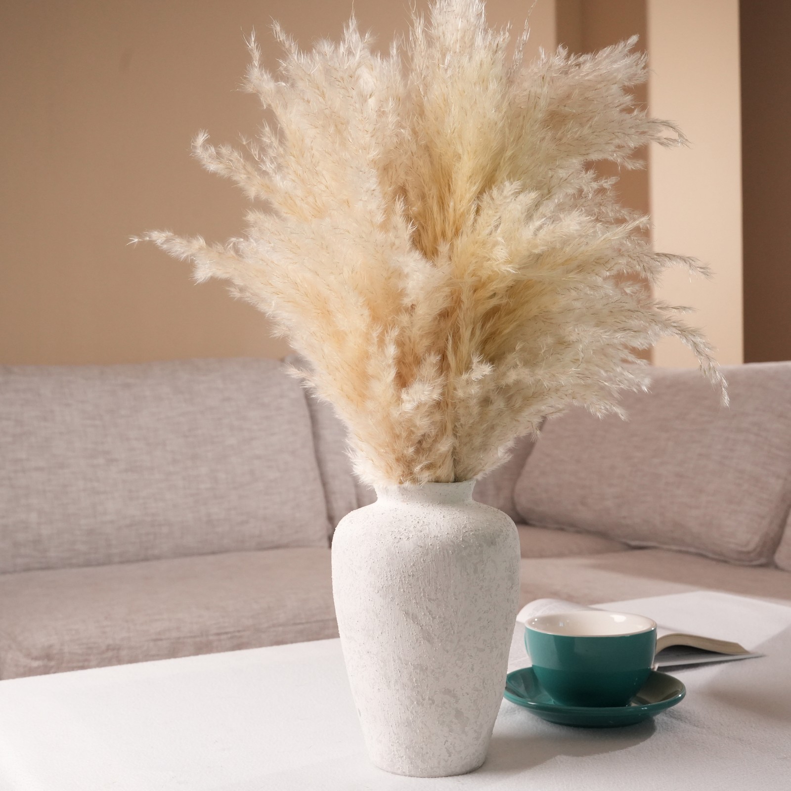 22-Inch Pampas Grass Arrangement in Natural Ceramic Vase for Modern or Boho Spac