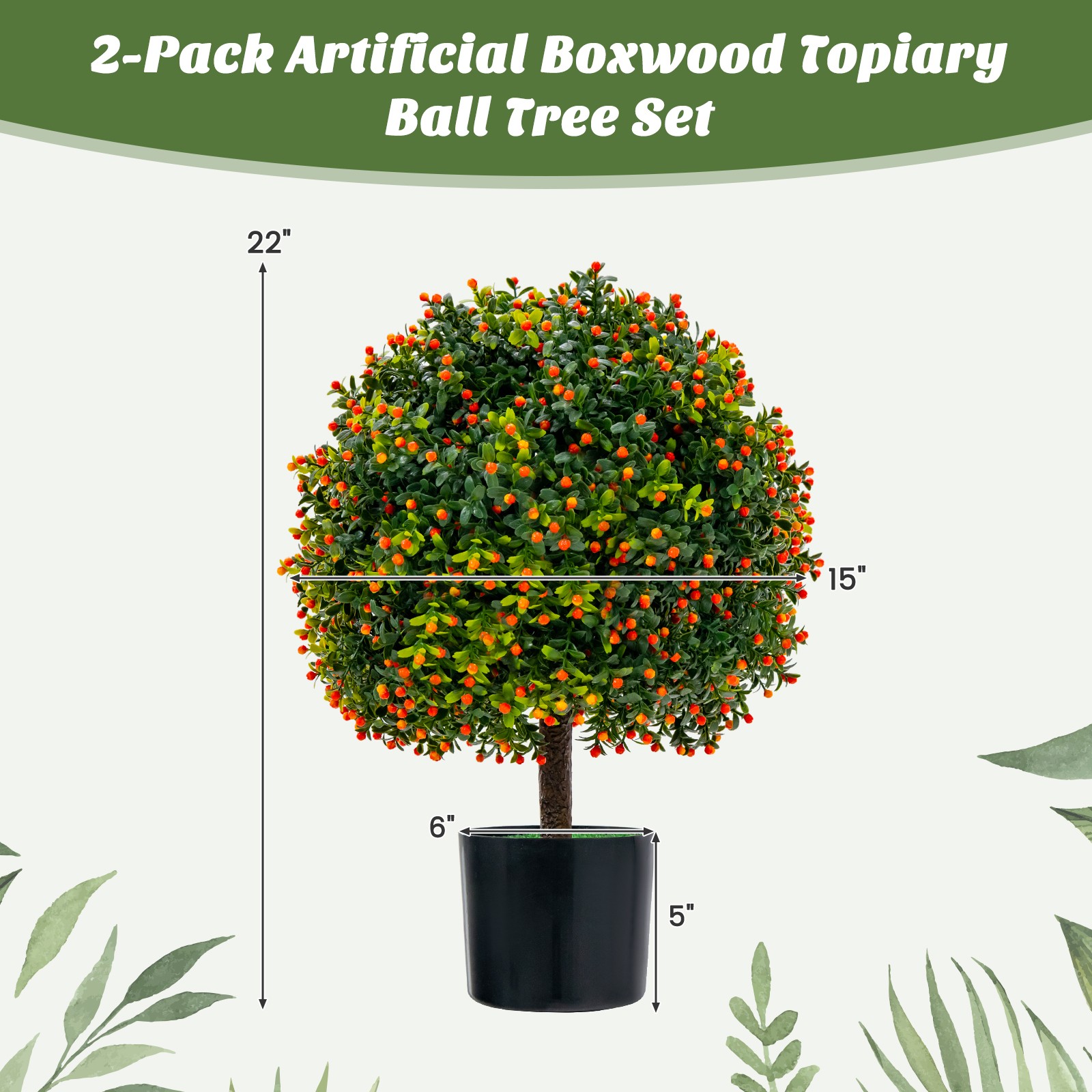 Set of 2 Artificial Boxwood Topiary Tree 22″ Decorative Ball Plants with Fruits