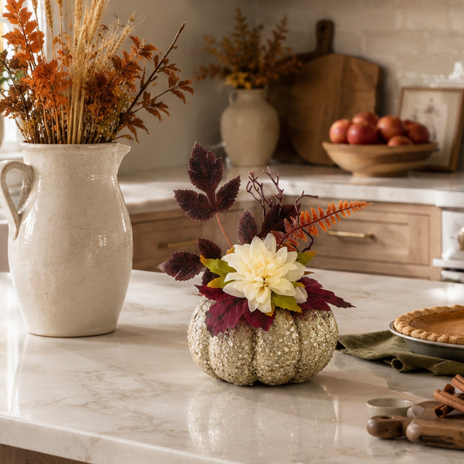 Table Centerpiece: Glitter Pumpkin with Silk Dahlias and Printed Leaves