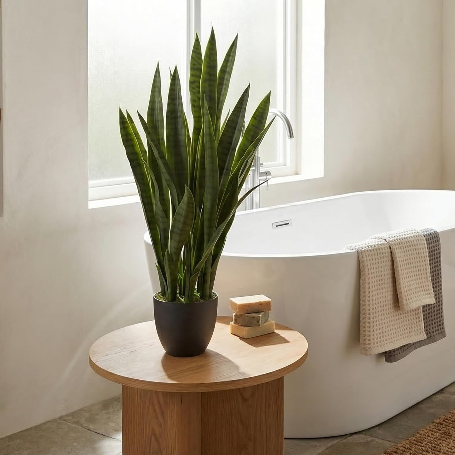 35in Artificial Snake Plant, Sansevieria Faux Greenery with Black Planter for