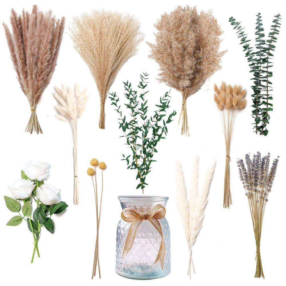 5.5 in Artificial Plant Arrangement in Vase Beige Centerpiece Pampas Grass Eucal