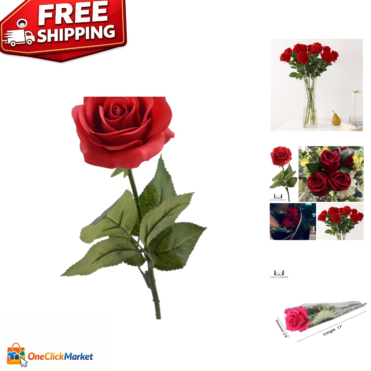 Stunning 17″ Artificial Red Rose with Leaves for Elegant Home Centerpieces