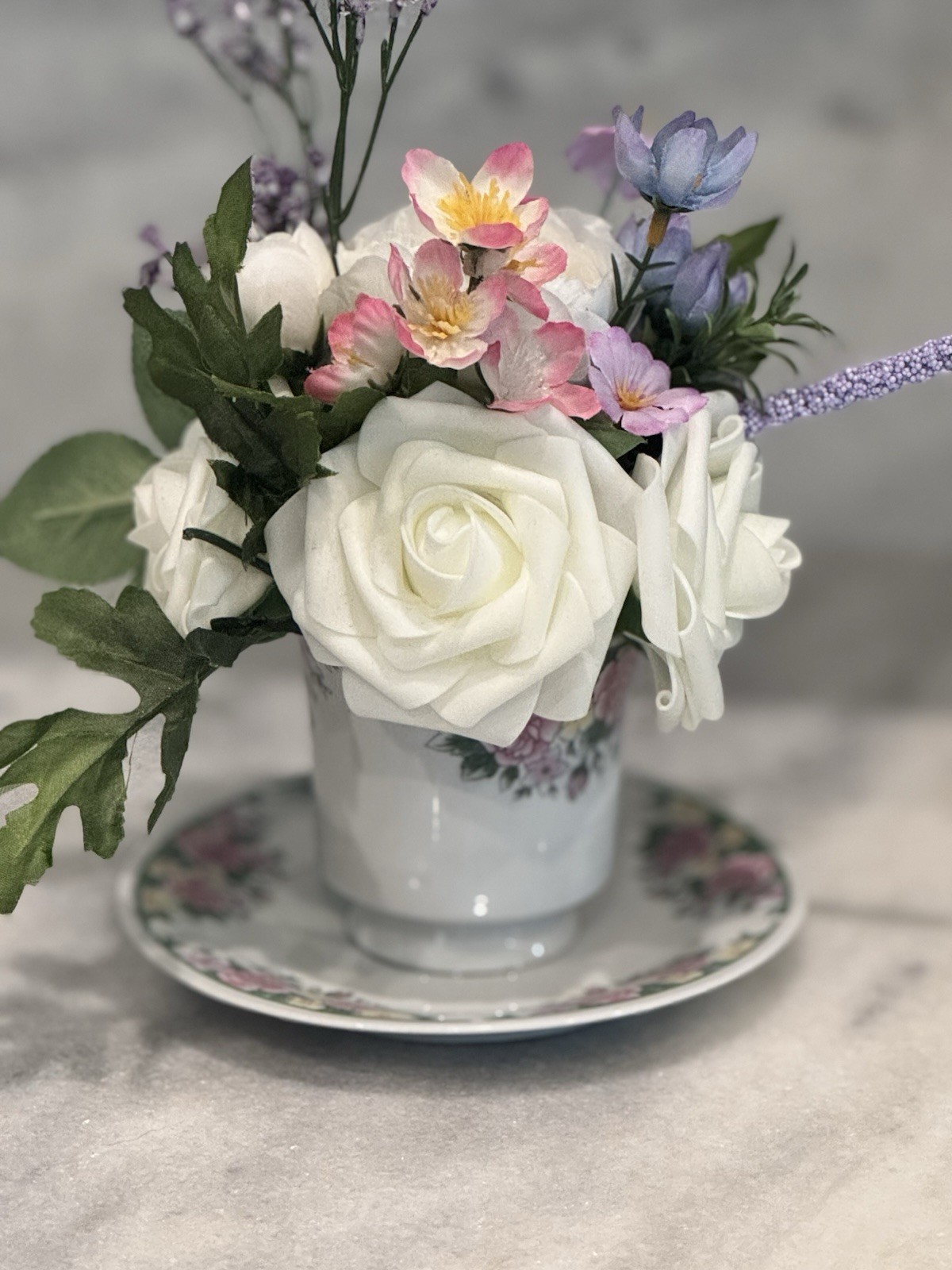 Victorian Floral Arrangement In A Teacup For Centerpiece