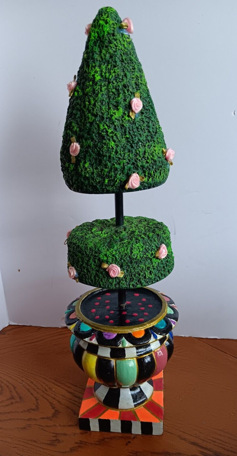 Whimsical Hand Painted Topiary w/ silk roses in Colorful Urn