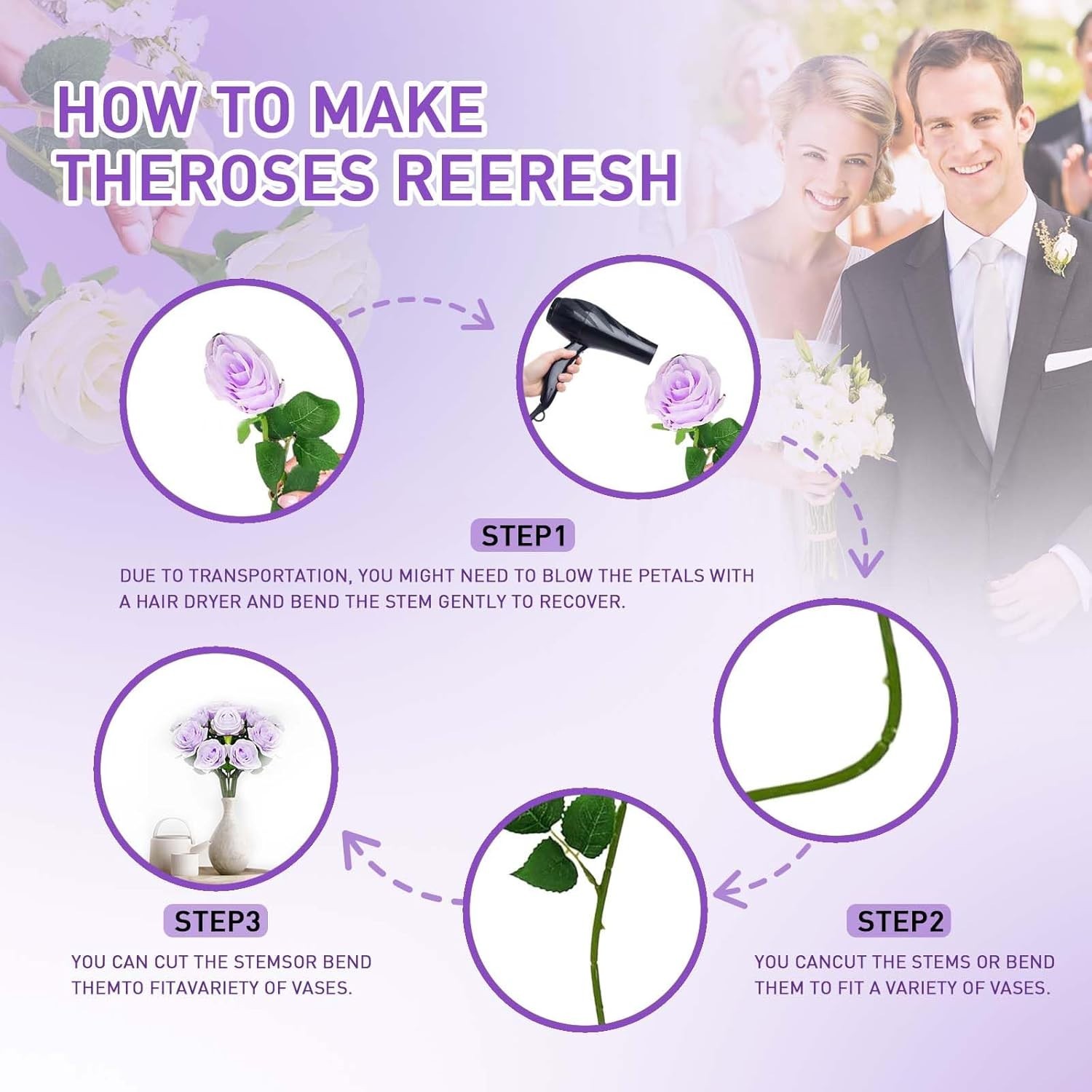 12PCS Purple Artificial Roses with Long Stems, Realistic Faux Silk Roses Flow…