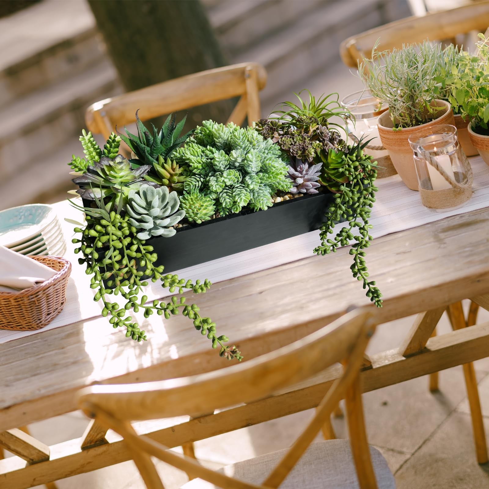 15″ Artificial Succulent Arrangement Faux Succulents in Rustic Black Rectangu…