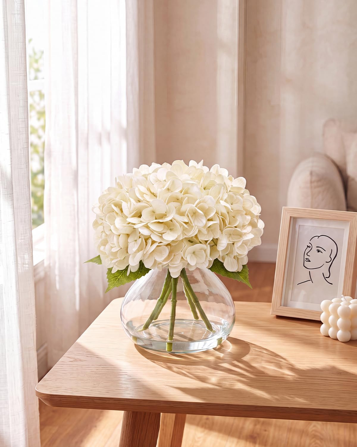 Realistic White Hydrangea Artificial Flowers with Vase for Home Decor