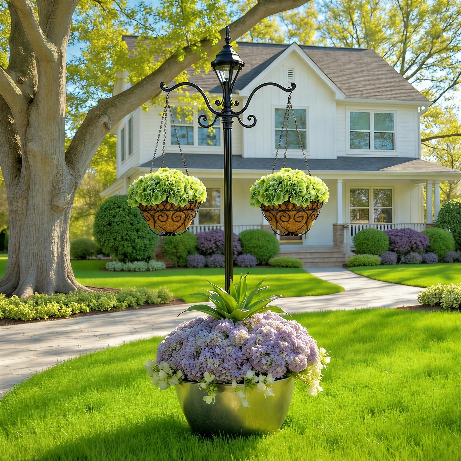 2 Pack Hanging Green Hydrangea Artificial Flowers with 11in Basket, Outdoor F…