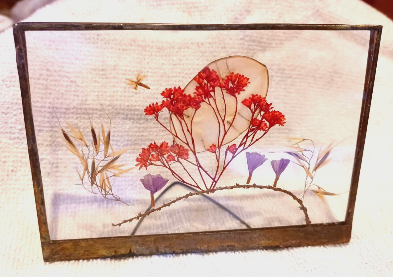 VTG DRIED PRESSED FLOWERS w/GLASS & PEWTER METAL FRAMED STAND-3″T x 4 1/2″W