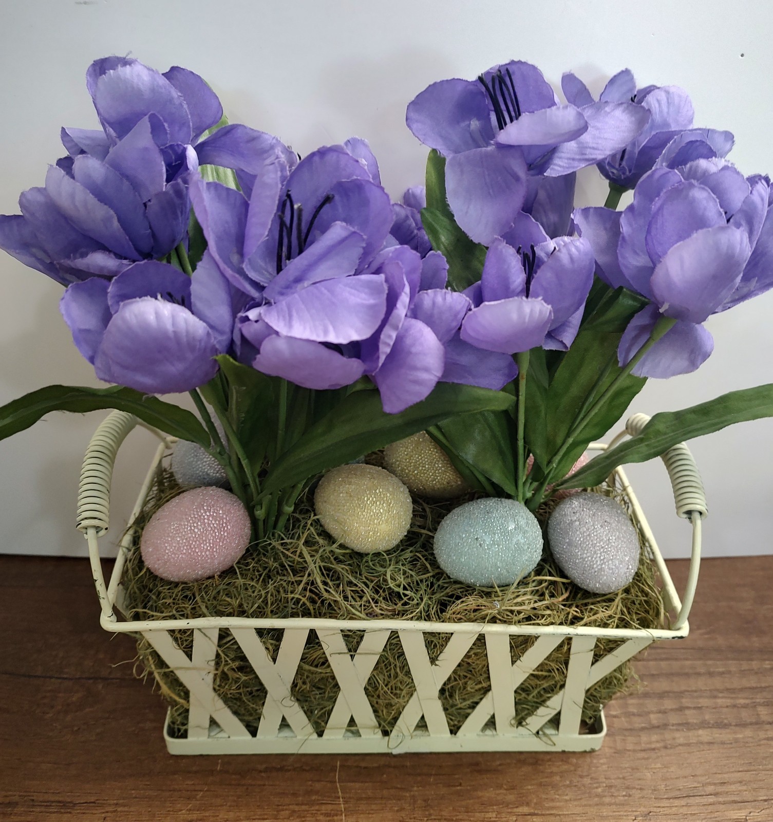 Easter Table Centerpieces Artificial Floral Purple Iris Metal Basket