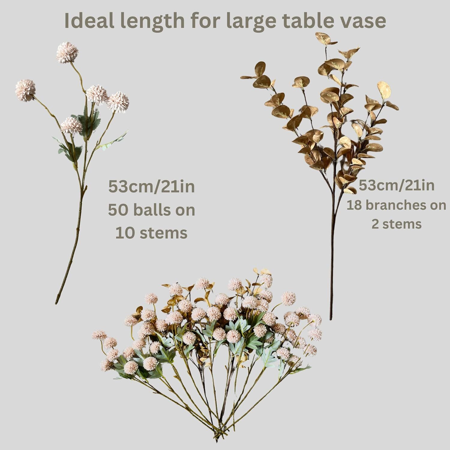 Beige Flowers Artificial + Eucalyptus, Fake Mums Long Stem Flowers, Tan Nude Cre