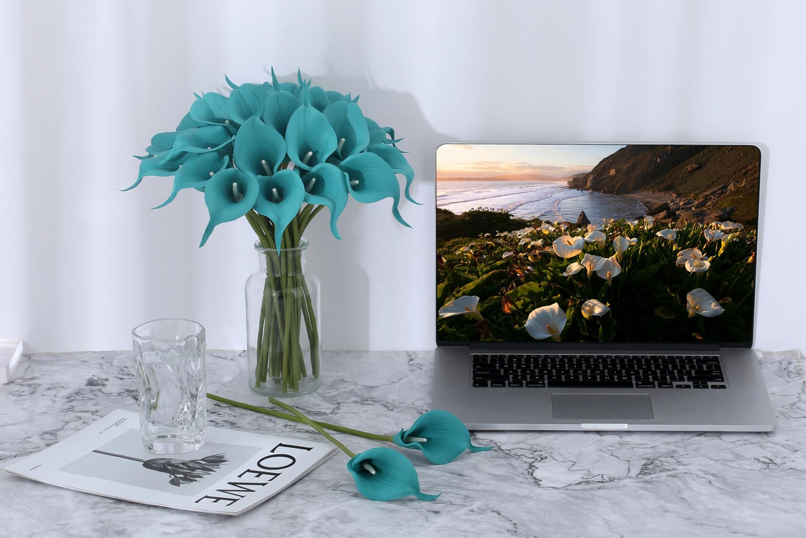 24 PCS Teal Fake Flowers Artificial Calla Lily Silk Flowers Real Touch for Mo…