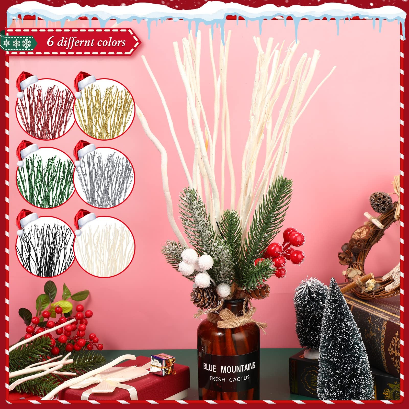 50 PCS Glitter White Curly Willow Branch Decorative Dried Twig 15.75 Inch
