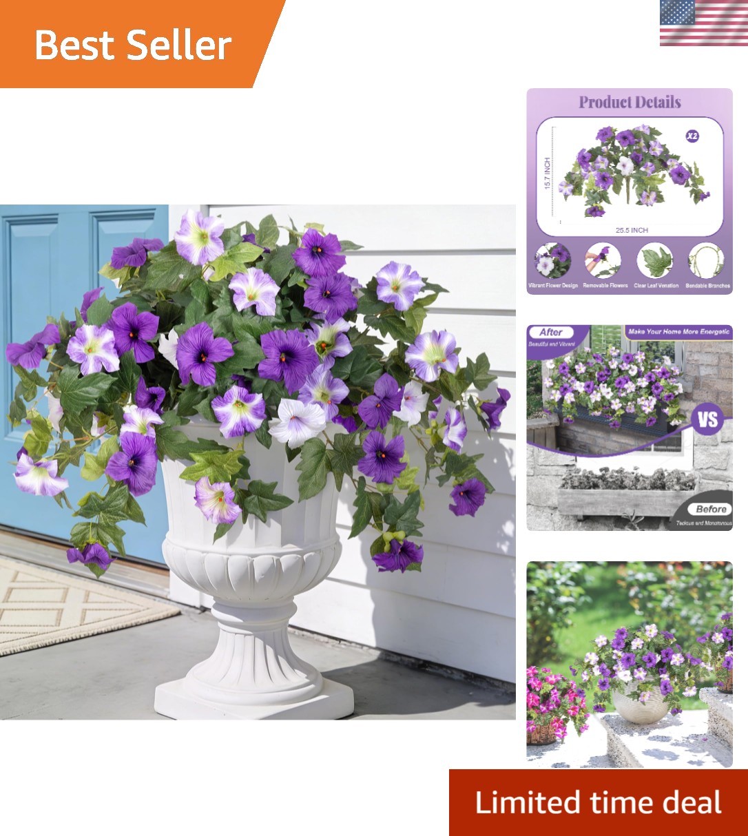 Realistic 2PCS Purple & White Fake Petunias – Maintenance-Free Floral Accents