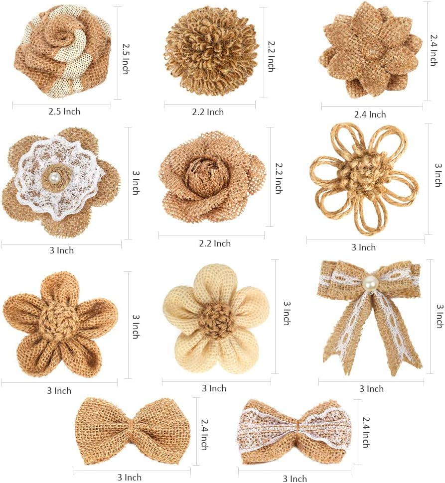 33PCS Handmade Burlap Flowers Set, 8 Styles Rustic Artificial Flowers & 3 Styles