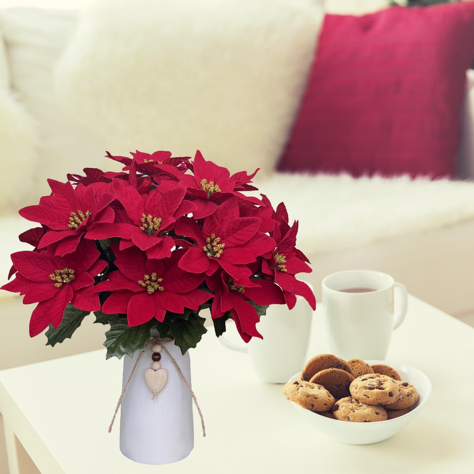 Artificial Red Poinsettia Christmas Flower Decorative White Vase Centerpiece