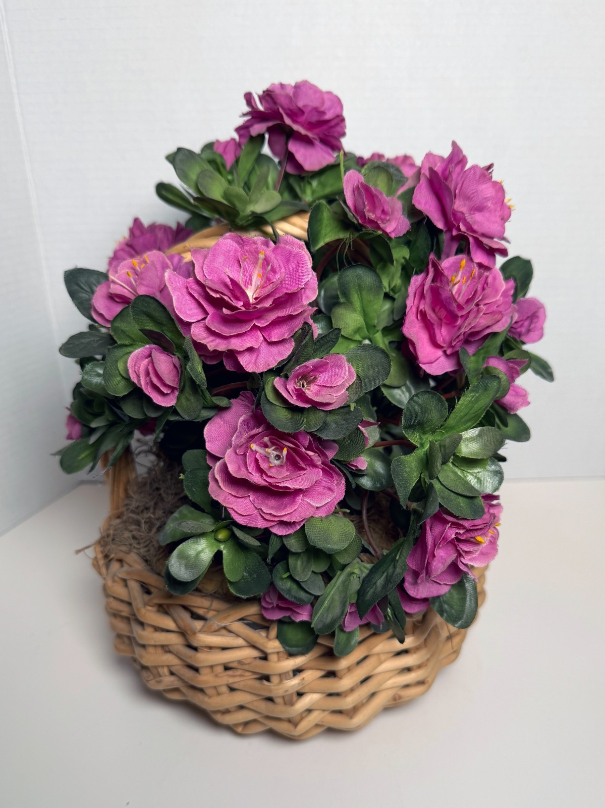 Camellia Artificial Flower Arrangement In Wicker Basket VTG 80s Centerpiece 13”h