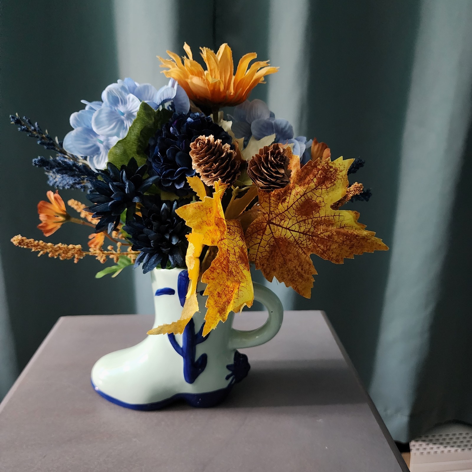 New Autumn Floral Arrangement In Ceramic Boot Mug Vase Fall Decor
