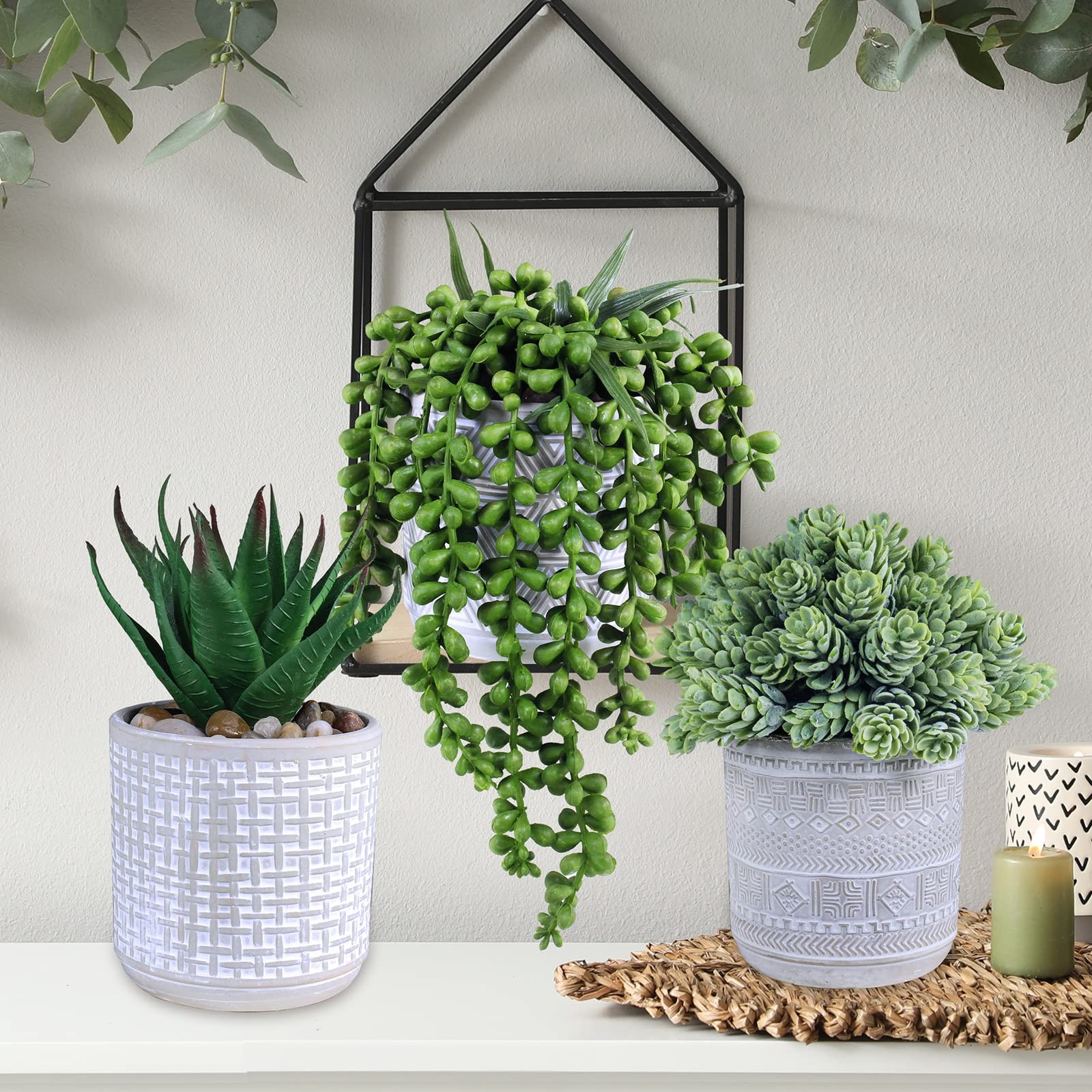 Set of 3 Assorted Small Potted Succulent Plants Fake Aloe String of Pearls Ho…