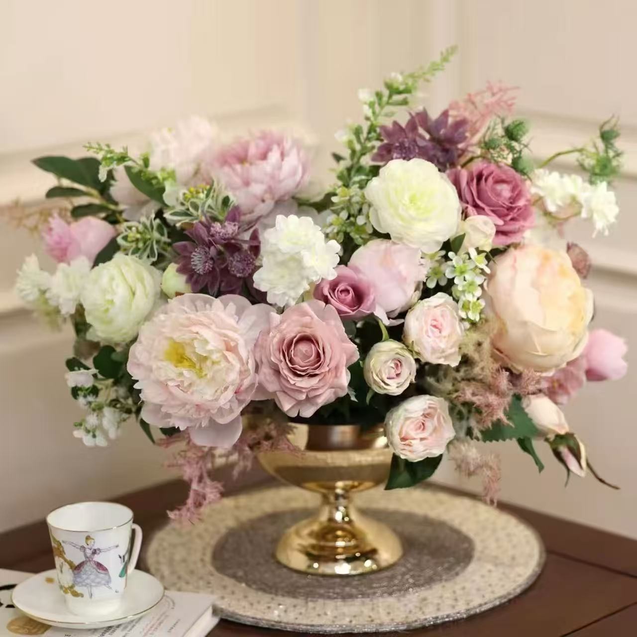 Luxury French Faux Floral Arrangement Pink Peony Rose Centerpiece with Gold Vase