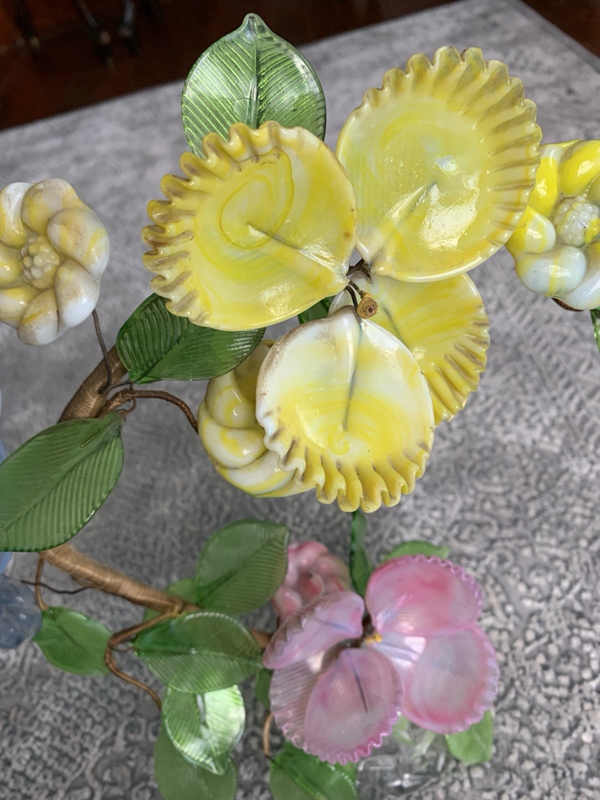 Vintage Art Glass Wired Blue Yellow Green Floral Bouquet Adjustable RARE