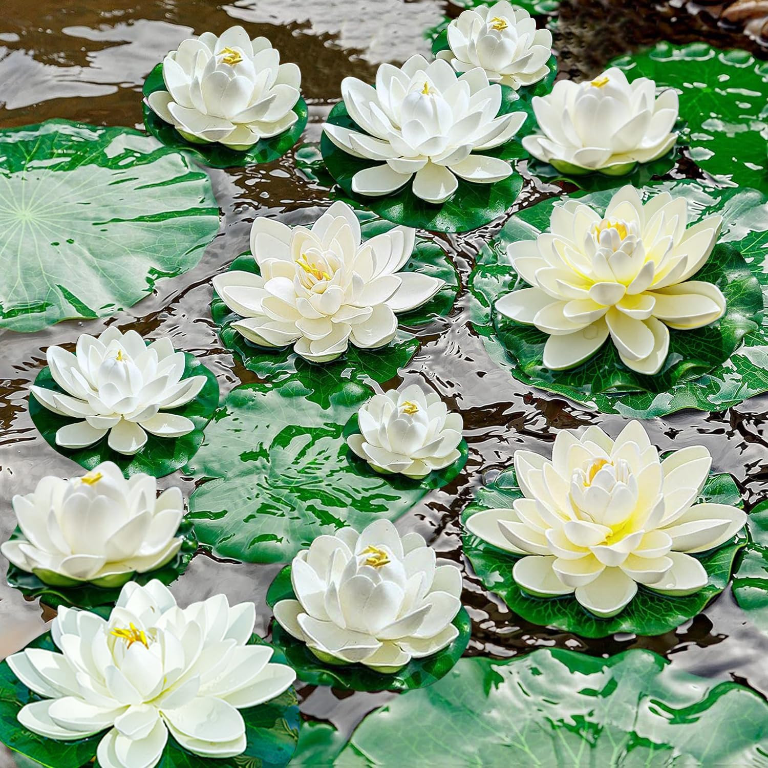 7 PCS Artificial Floating Foam Lotus Flower with Water Lily Pad, Lifelike Orname