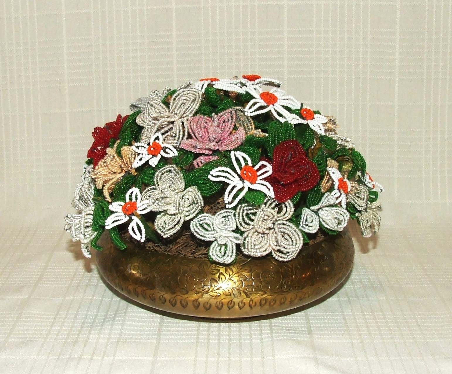 Vintage French Beaded Flower Arrangement / Ornate Brass Planter ~ Heavy