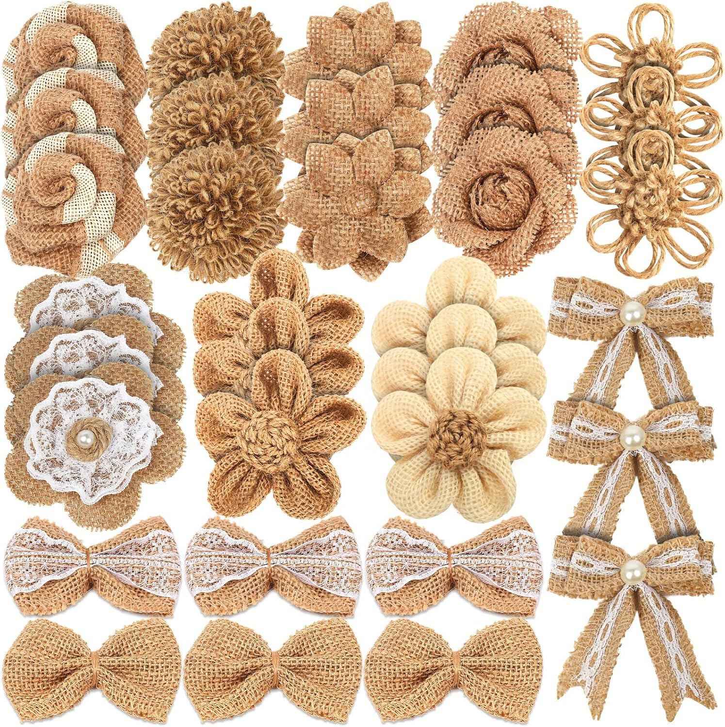 33PCS Handmade Burlap Flowers Set, 8 Styles Rustic Artificial Flowers & 3 Styles