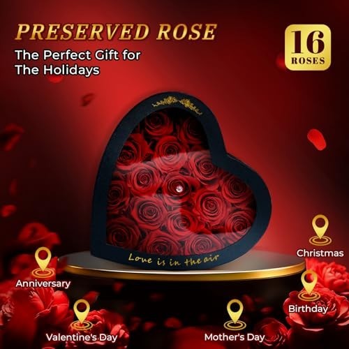 16 Preserved Red Roses in Heart Box – Real Immortal Flowers for Gifts & Home Dec