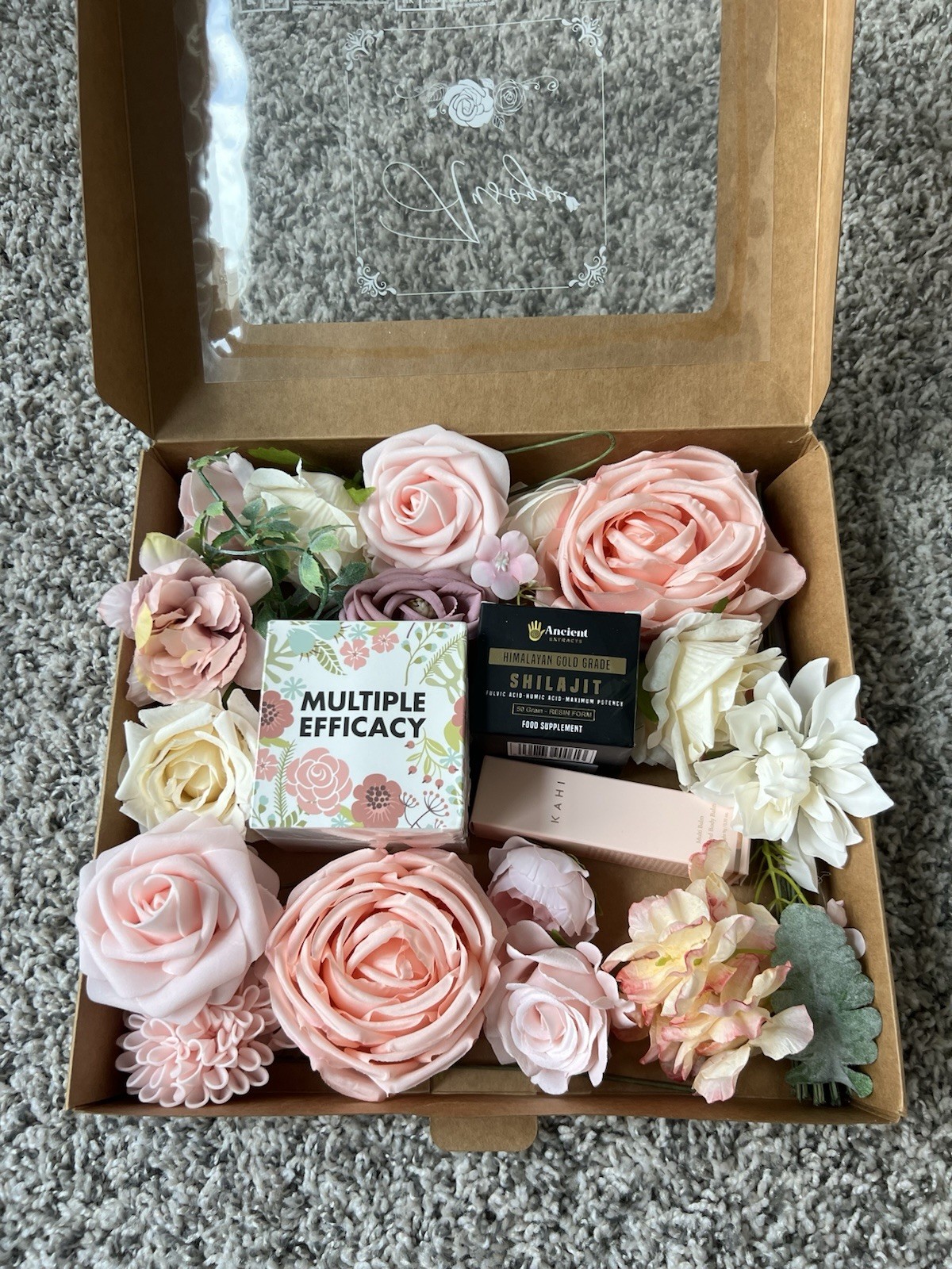 Artificial Rose Flower Box Arrangement Pink White Green Faux Silk Door Decor