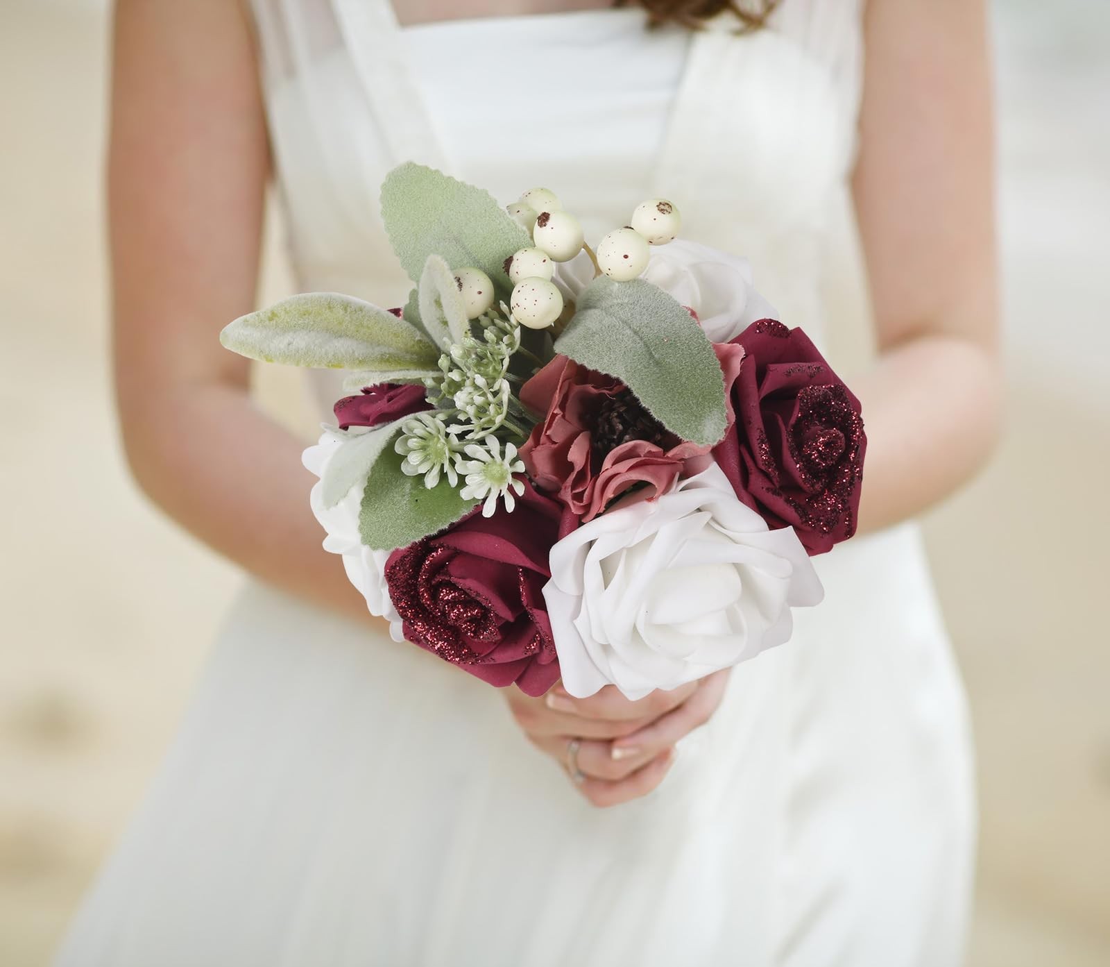 100 Pcs Burgundy Glitter Roses 2.56 Inch Foam Artificial Flower Wedding Decor