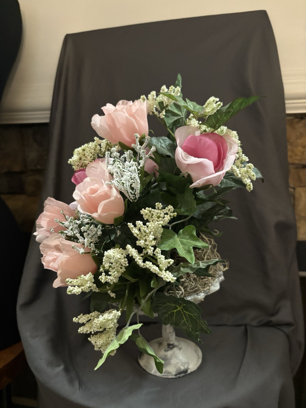 New Handmade 14 X 12” Floral Arrangement On Metal Stand With Pink Roses SKU L16